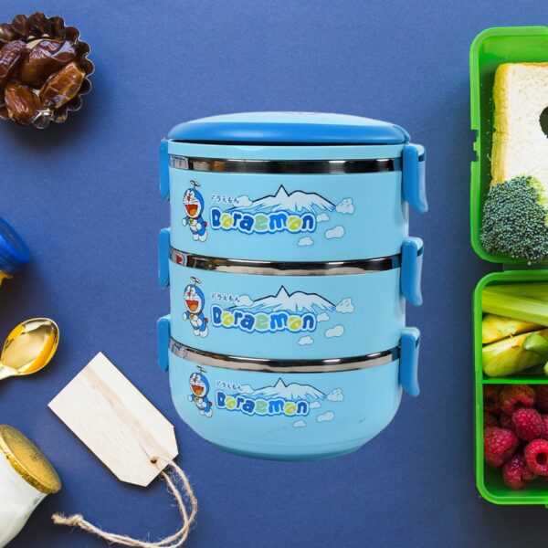 2872A 3 Layer Doraemon Lunch Box Tiffin High Quality Steel Lunch Box  3 Layer Tiffin For School ,Office & Traveling Use