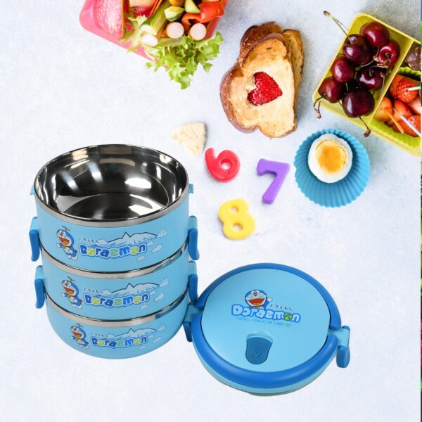 2872A 3 Layer Doraemon Lunch Box Tiffin High Quality Steel Lunch Box  3 Layer Tiffin For School ,Office & Traveling Use