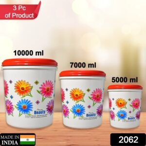 2062 Kitchen Airtight & Food Grade Plastic Floral Design Grocery Storage Container/Jar. Set of 3pcs - 5000ML, 7000ML, 10000ML