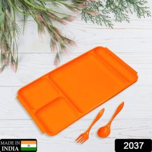 2037 4Compartment Dish with Spoon and Fork(1 Dish Set with 1Spoon and 1Fork) Dinner Plate Plastic Compartment Plate Pav Bhaji Plate 4-Compartments Divided Plastic Food Plate.