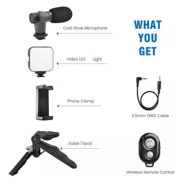 6054 Vlogging Kit for Video Making with Mic Mini Tripod Stand, LED Light & Phone Holder Clip for Making Videos